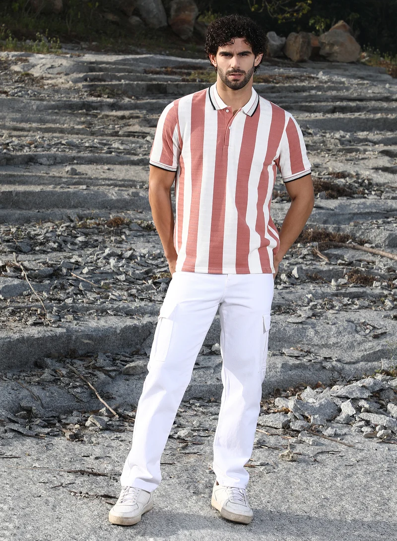 Campus Sutra Men's Nude Pink & Cream White Awning-Striped Polo T-Shirt