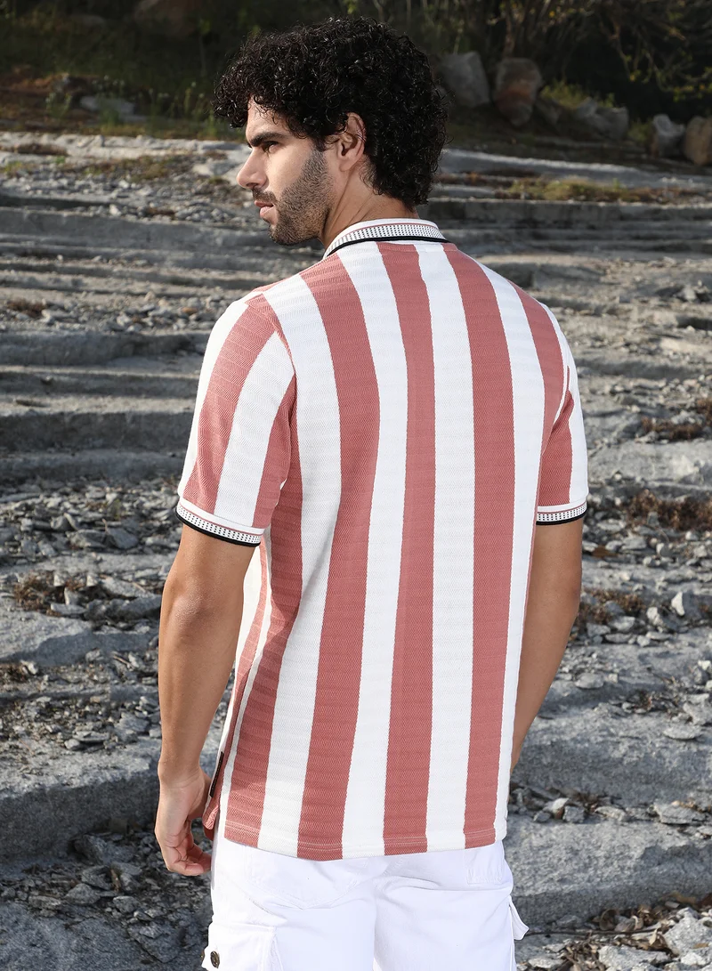 Campus Sutra Men's Nude Pink & Cream White Awning-Striped Polo T-Shirt