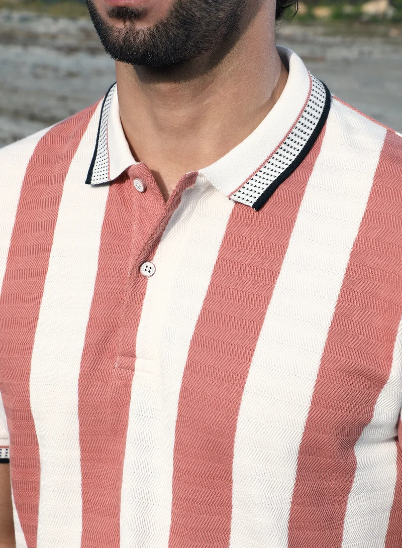 Campus Sutra Men's Nude Pink & Cream White Awning-Striped Polo T-Shirt