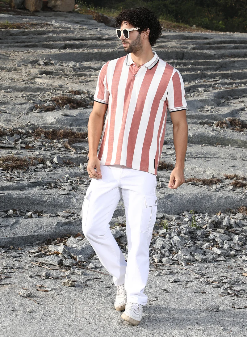 Campus Sutra Men's Nude Pink & Cream White Awning-Striped Polo T-Shirt