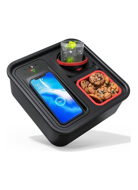 Cup Holder Tray with Wireless Power Bank Sofa Caddy with Self Balancing Cup Holder & Snack Cup Sofa Armrest Table Tray USB A+C Port