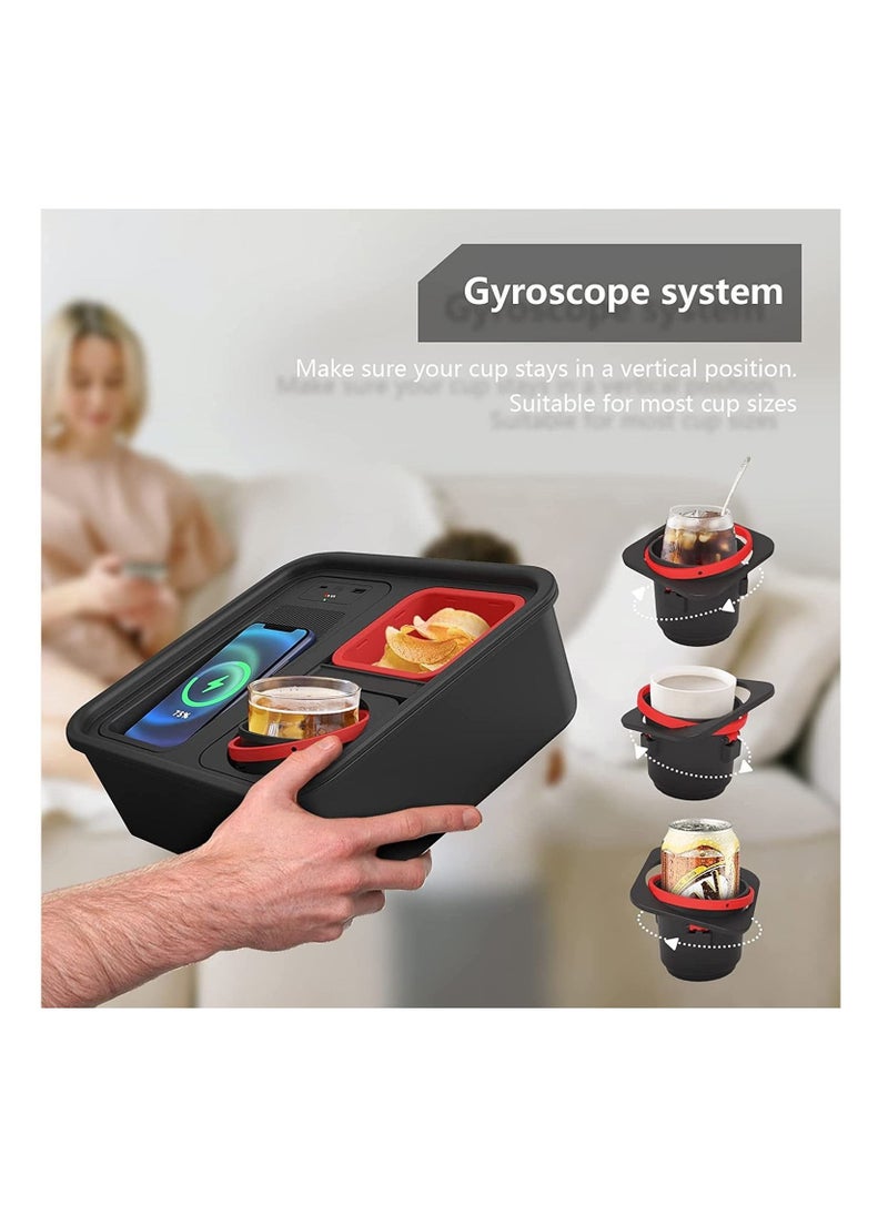 Generic - Cup Holder Tray with Wireless Power Bank Sofa Caddy with Self Balancing Cup Holder & Snack Cup Sofa Armrest Table Tray USB A+C Port - Image 1