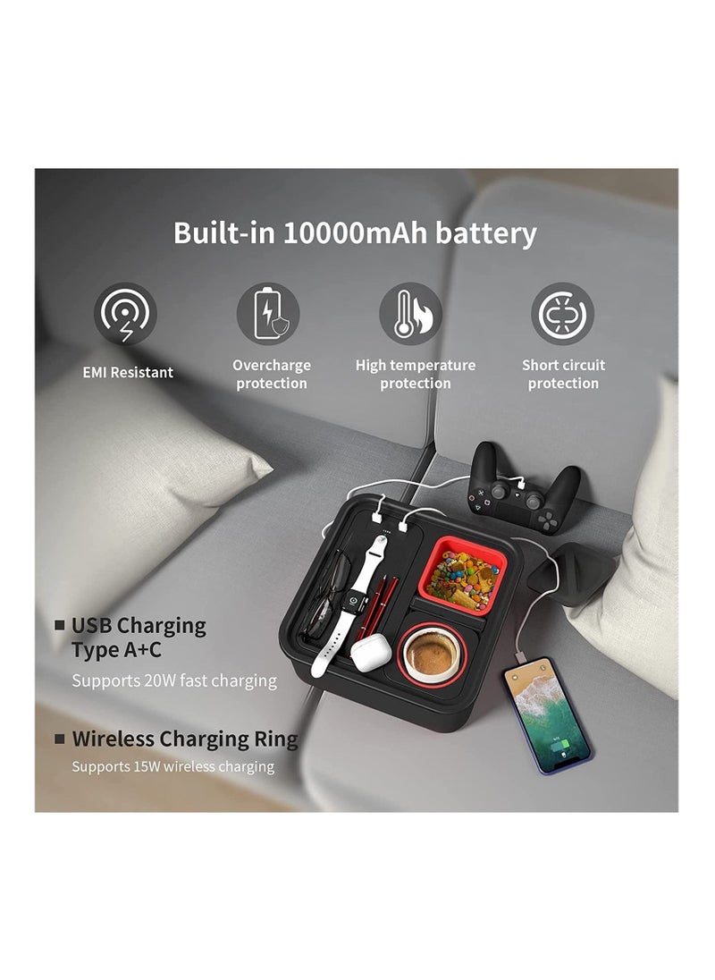 Generic - Cup Holder Tray with Wireless Power Bank Sofa Caddy with Self Balancing Cup Holder & Snack Cup Sofa Armrest Table Tray USB A+C Port - Image 1
