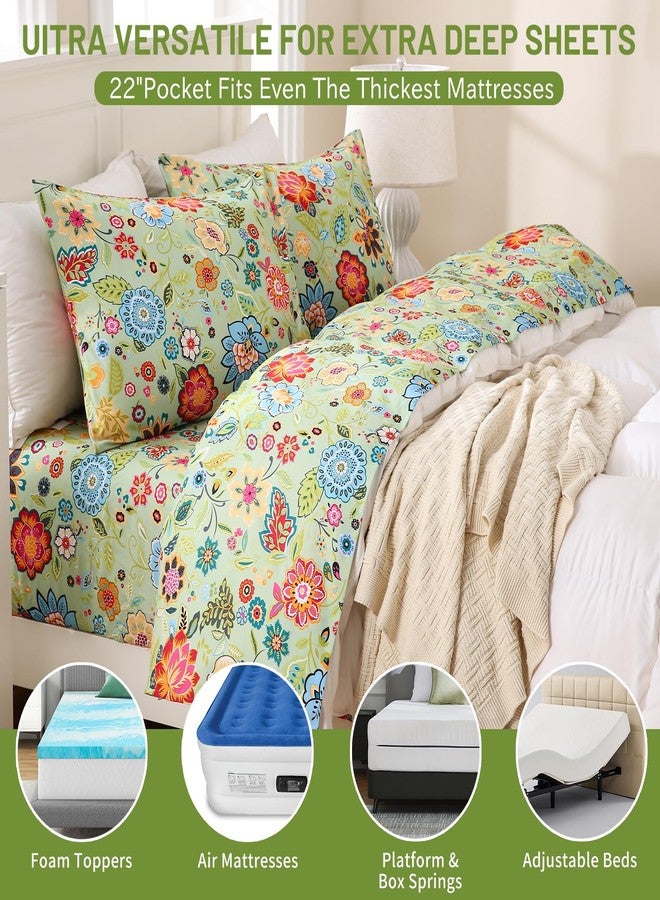 Bedlifes Queen Size Deep Pocket Sheet Sets-Fits Mattresses Up to 18-24" Thick 22"-4 PC Microfiber Extra Deep Pocket Sheets-1800 Thread Count Soft Smooth Breathable Spring Floral Sage Green(Queen) - Image 5