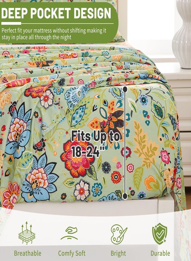 Bedlifes Queen Size Deep Pocket Sheet Sets-Fits Mattresses Up to 18-24" Thick 22"-4 PC Microfiber Extra Deep Pocket Sheets-1800 Thread Count Soft Smooth Breathable Spring Floral Sage Green(Queen) - Image 2