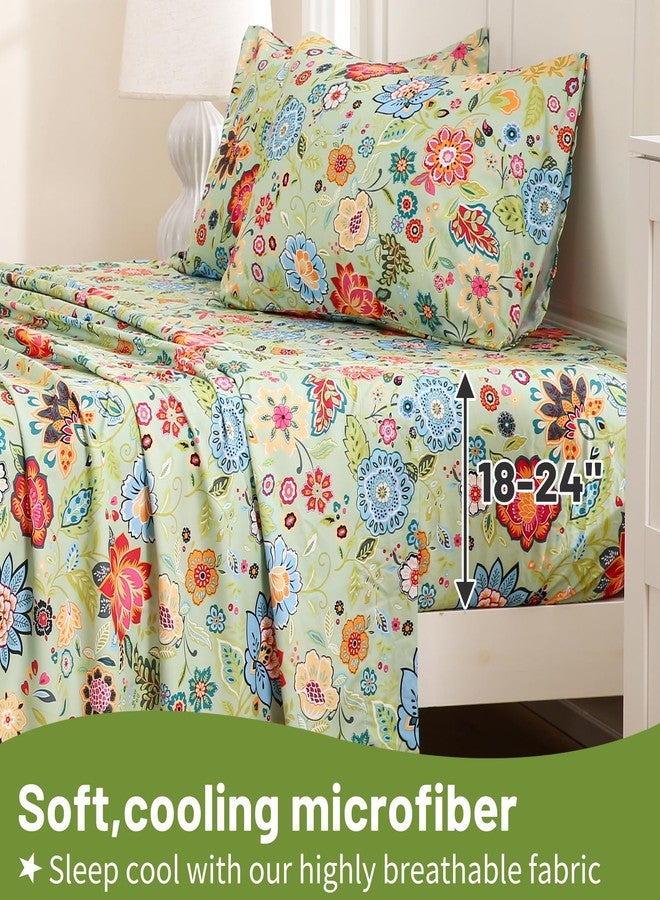 Bedlifes Queen Size Deep Pocket Sheet Sets-Fits Mattresses Up to 18-24" Thick 22"-4 PC Microfiber Extra Deep Pocket Sheets-1800 Thread Count Soft Smooth Breathable Spring Floral Sage Green(Queen) - Image 3
