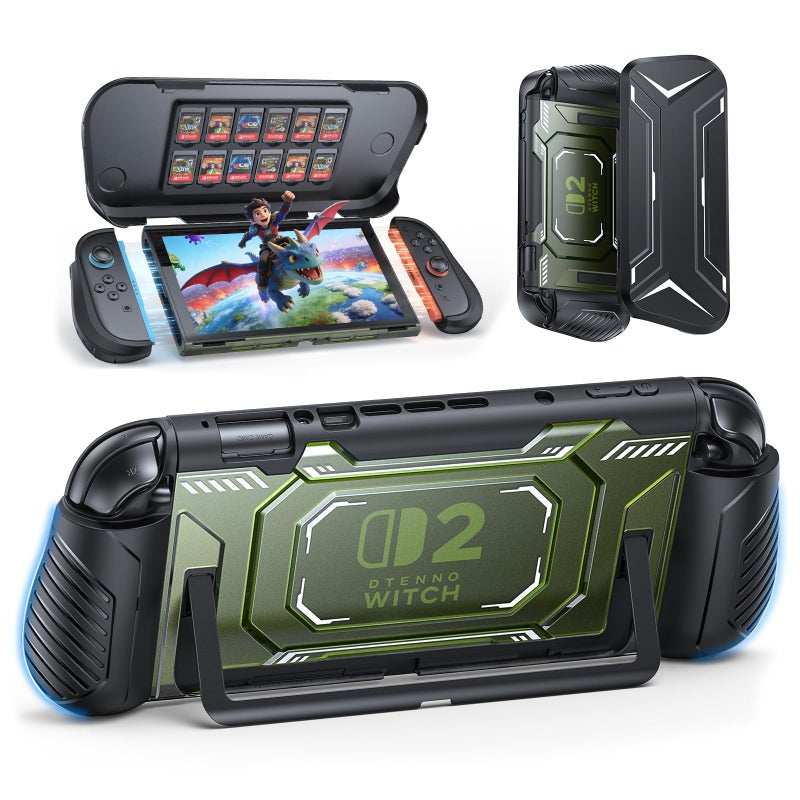 FASTSNAIL Switch 2 Protective Case Switch 2 Cover with Dockable TPU Middle Frame NonSlip Ergonomic Grip for Joycon 2 AntiScratch PC Front Cover with 12 Game Card Slots for Switch2 Green - Image 2
