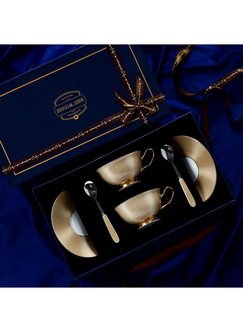 Y&D Bone China Golden stripe Tea Cup with Saucer Spoon 6 Piece Set（7oz）Cappuccino Cups, Coffee Cups, Tea Cup Set, British Coffee Cups, Porcelain Tea Set, Latte Cups, Mother's Day Gift - Image 1