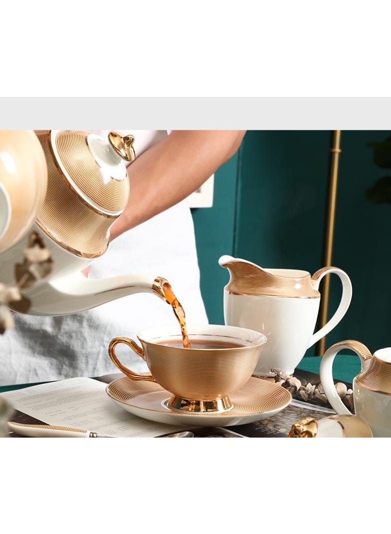 Y&D Bone China Golden stripe Tea Cup with Saucer Spoon 6 Piece Set（7oz）Cappuccino Cups, Coffee Cups, Tea Cup Set, British Coffee Cups, Porcelain Tea Set, Latte Cups, Mother's Day Gift - Image 5