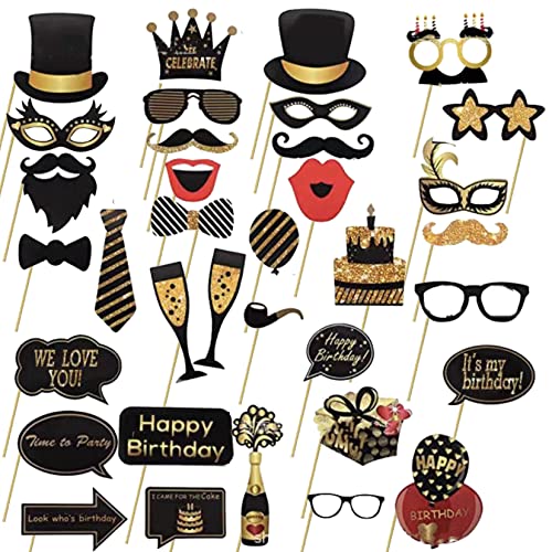 CPTBAG 35PCS Gold Black Photo Booth Props for Birthday Party Decorations  Selfie Props for Men and Women Party Supplies
