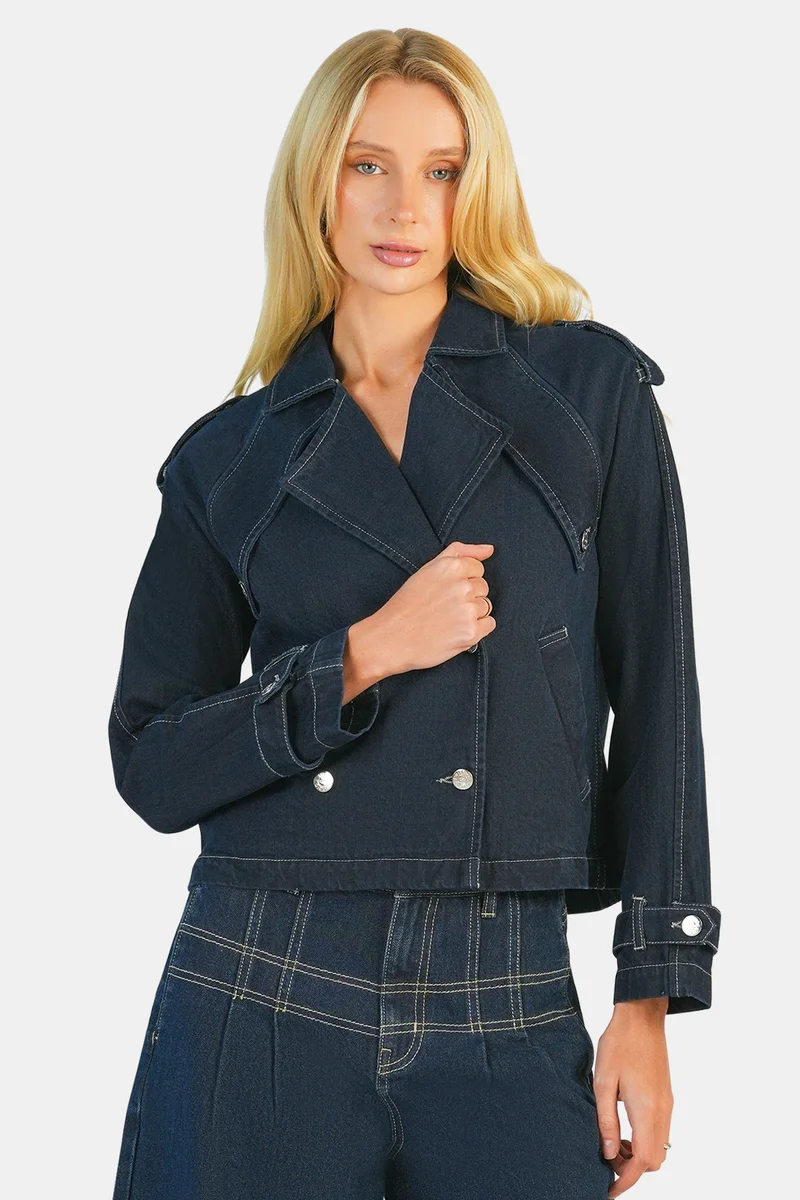 Virgio  Solid Cotton Double Breasted Denim Blazer for Women for Women | Best Price UAE