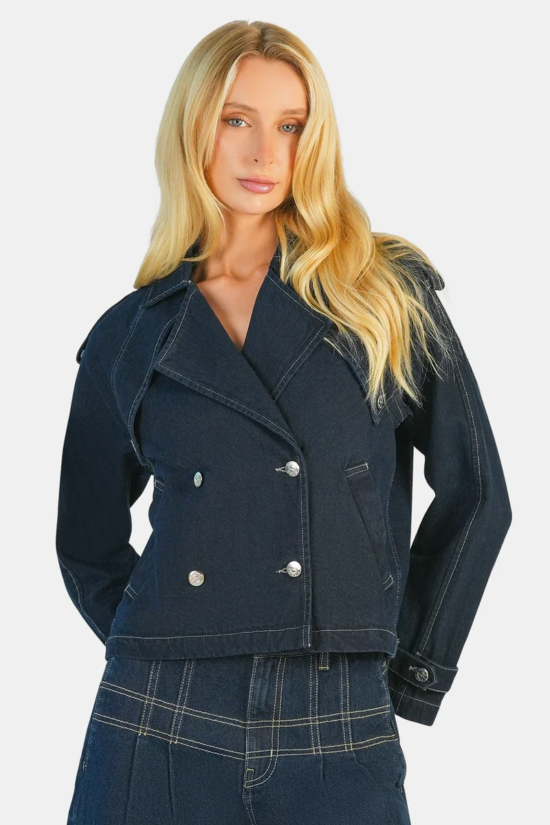 Virgio Solid Cotton Double Breasted Denim Blazer for Women