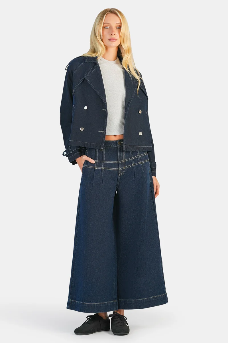 Virgio Solid Cotton Double Breasted Denim Blazer for Women