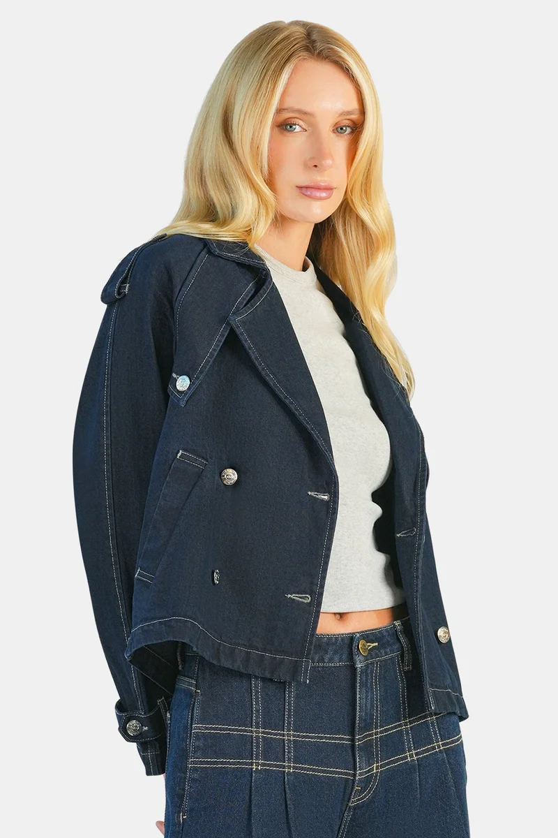 Virgio  Solid Cotton Double Breasted Denim Blazer for Women for Women | Best Price UAE