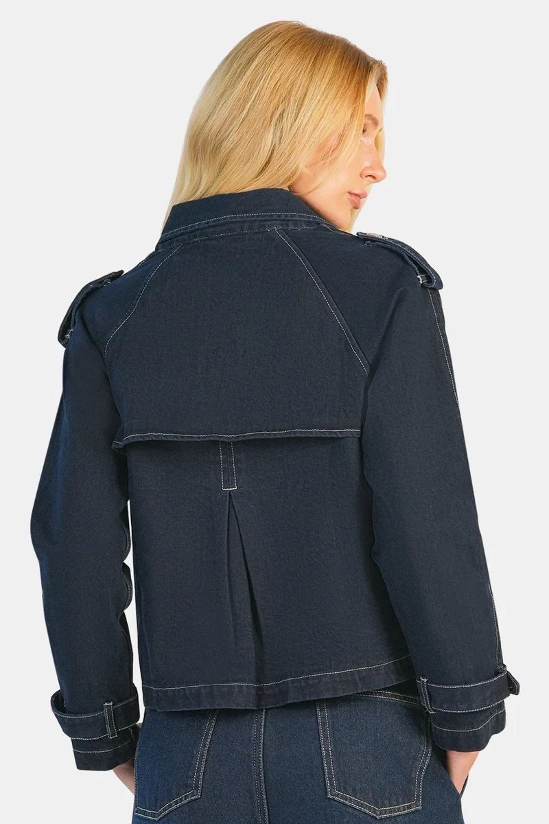 Virgio  Solid Cotton Double Breasted Denim Blazer for Women for Women | Best Price UAE