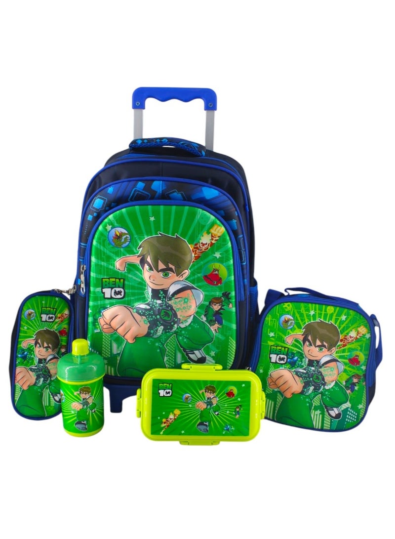 Ben 10 5-Piece School Bag Set - 17 Inch Backpack with Trolley, Lunch Box, Pencil Case, and Water Bottle - Image 1