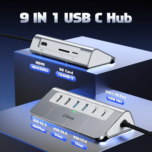 intpw USB C Hub, INTPW 9-in-1 USB C Hub Multiport Adapter with 4K HDMI, PD 100W, Type-C and 2 USB A 3.0 5Gbps, 2 USB A 2.0, SD/TF Card Reader, Aluminum USB Hub for Laptop, iPhone 16/15 Series, MacBook, iPad - Image 2