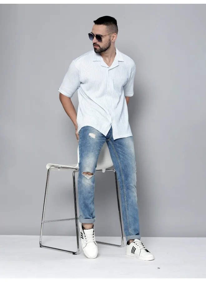 مانياك Mens Crochet Solid Collared Neck 3/4th Sleeve SkyBlue Cotton Shirt