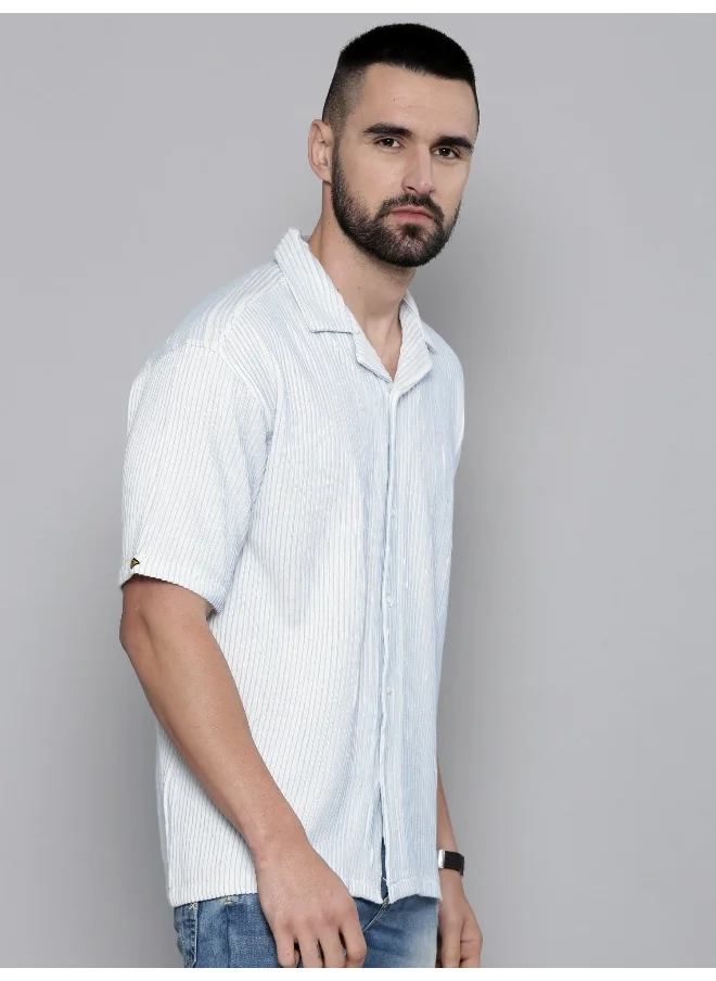 مانياك Mens Crochet Solid Collared Neck 3/4th Sleeve SkyBlue Cotton Shirt