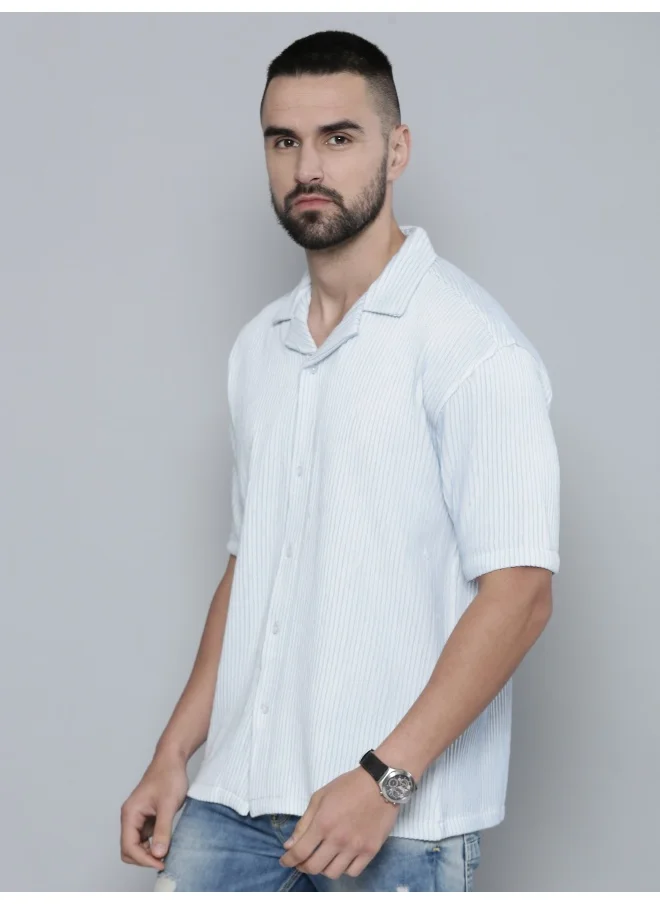 مانياك Mens Crochet Solid Collared Neck 3/4th Sleeve SkyBlue Cotton Shirt