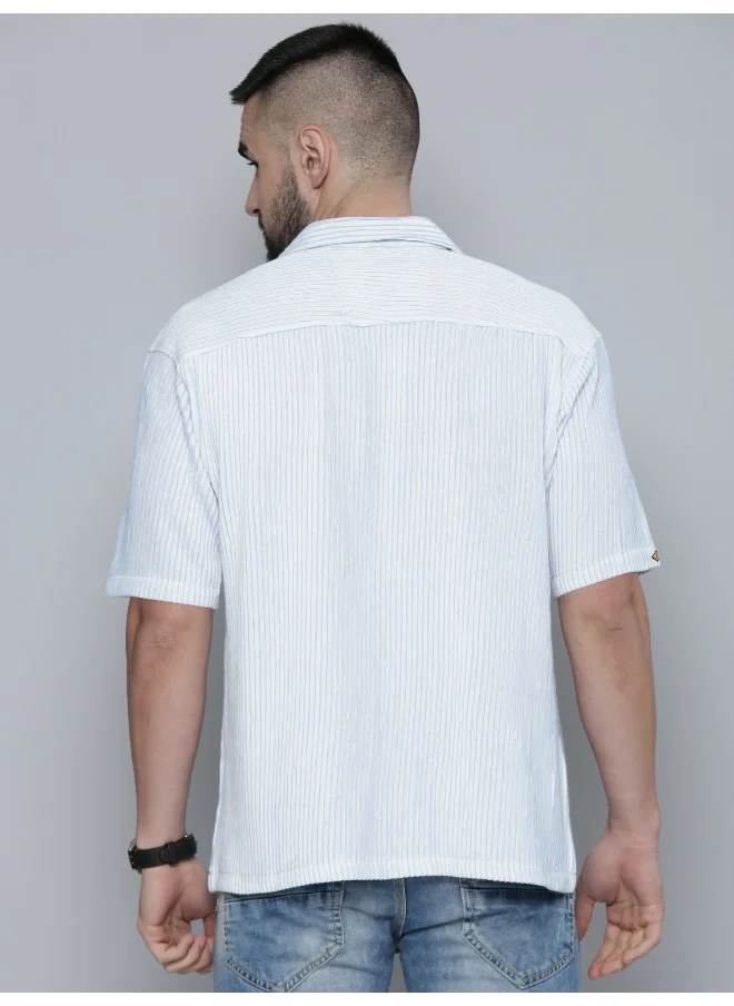 مانياك Mens Crochet Solid Collared Neck 3/4th Sleeve SkyBlue Cotton Shirt