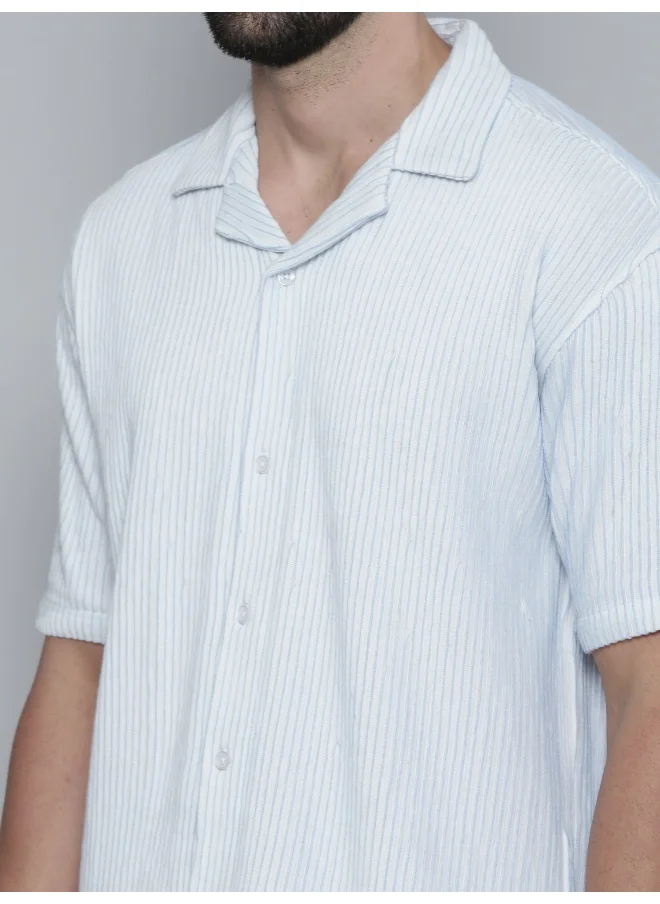 مانياك Mens Crochet Solid Collared Neck 3/4th Sleeve SkyBlue Cotton Shirt