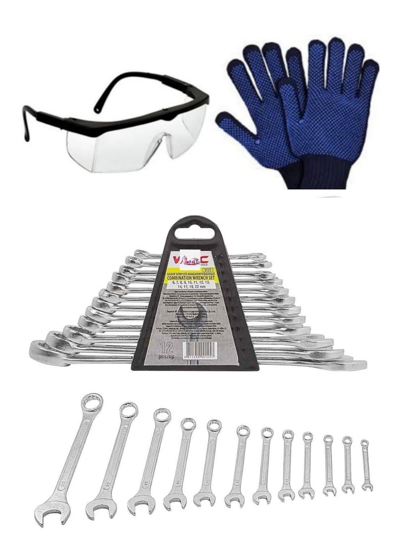 ABBASALI Tools Set of Combination Spanner Wrenches 12pcs With Gloves & goggle  - Image 1