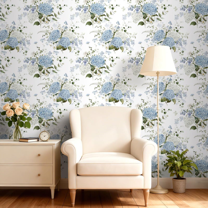 HelloWall Hydrangea Wallpaper Peel and Stick Blue White Green Floral Wallpaper Vintage Flowers Watercolor Botanical Nature Removable Traditional Hydrangea Contact Paper Self Adhesive Vinyl 17.5x80 - Image 5