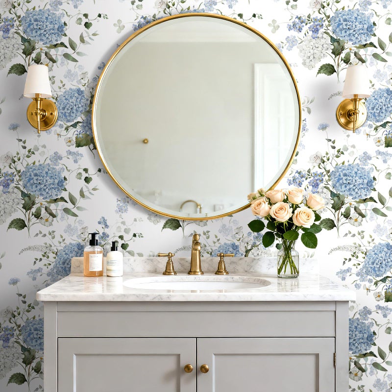 HelloWall Hydrangea Wallpaper Peel and Stick Blue White Green Floral Wallpaper Vintage Flowers Watercolor Botanical Nature Removable Traditional Hydrangea Contact Paper Self Adhesive Vinyl 17.5x80 - Image 3