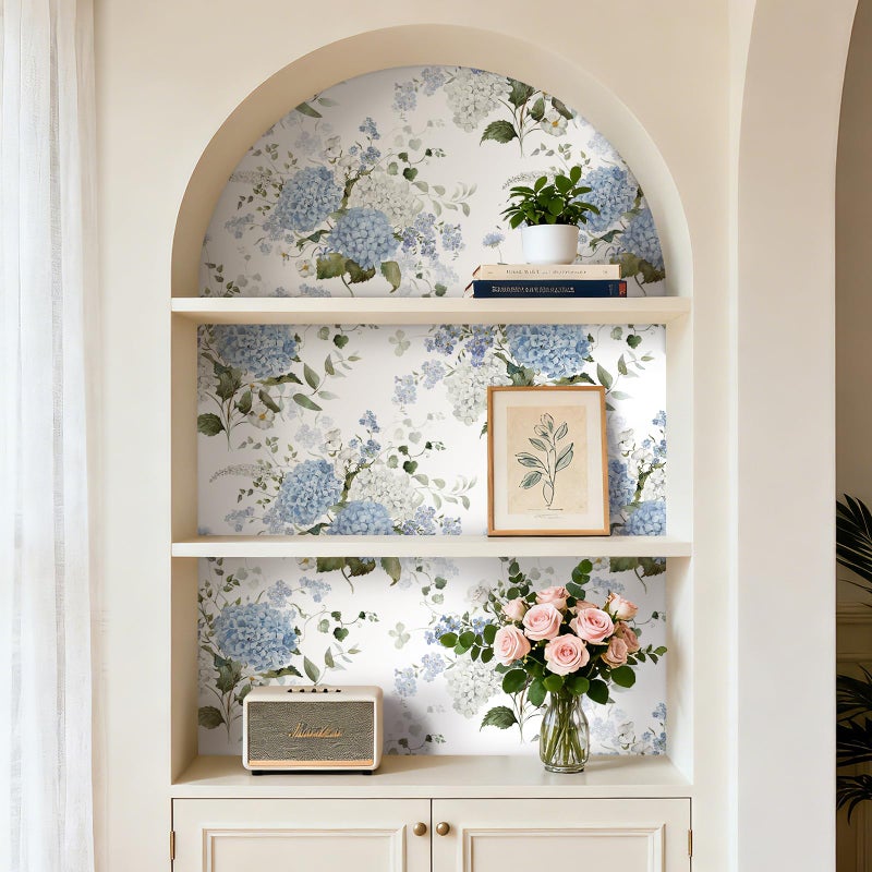 HelloWall Hydrangea Wallpaper Peel and Stick Blue White Green Floral Wallpaper Vintage Flowers Watercolor Botanical Nature Removable Traditional Hydrangea Contact Paper Self Adhesive Vinyl 17.5x80 - Image 2