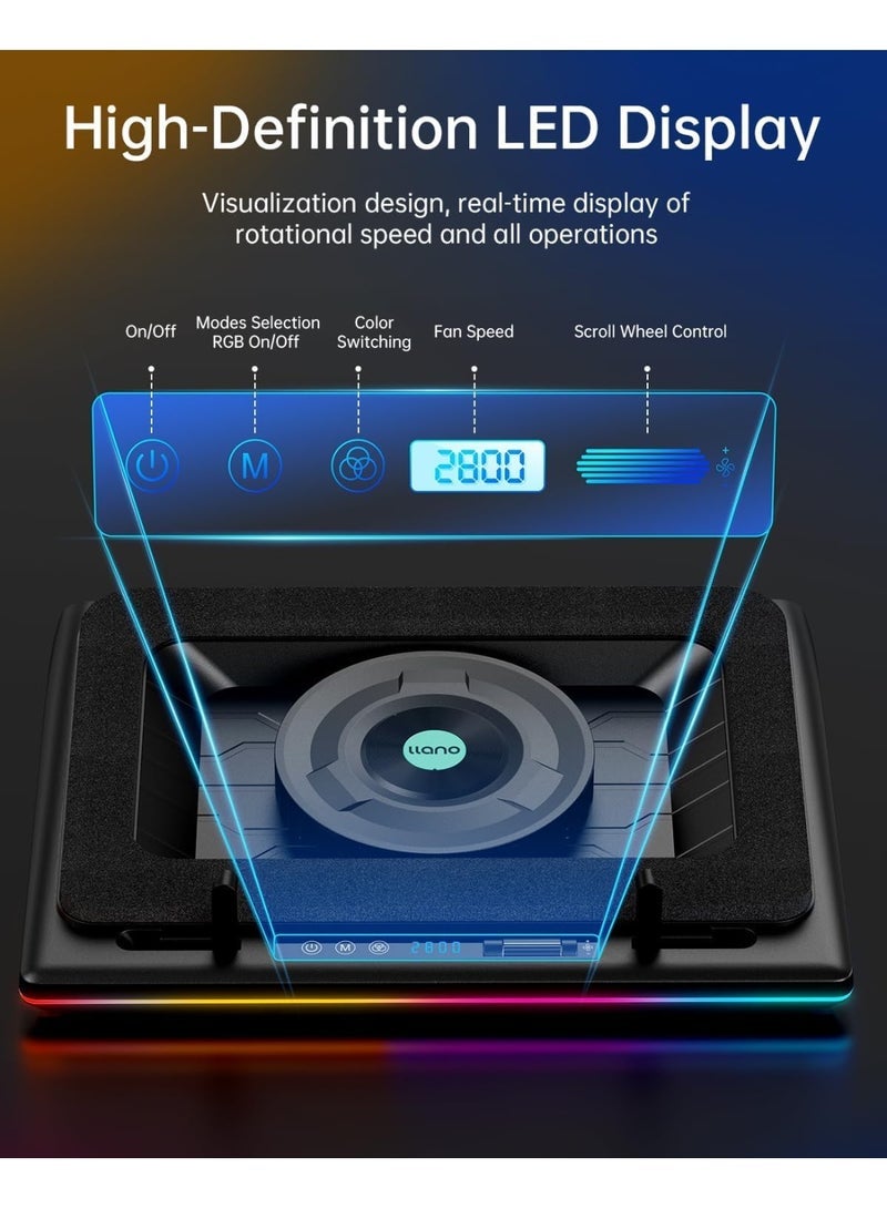 Llano V12 RGB Laptop Cooling Pad with 2800RPM Turbo Fan, 5.5-Inch High-Speed Cooler for 15.6–21 Inch Laptops, Adjustable Speed, Touch Control, LCD Display, Black - Image 5