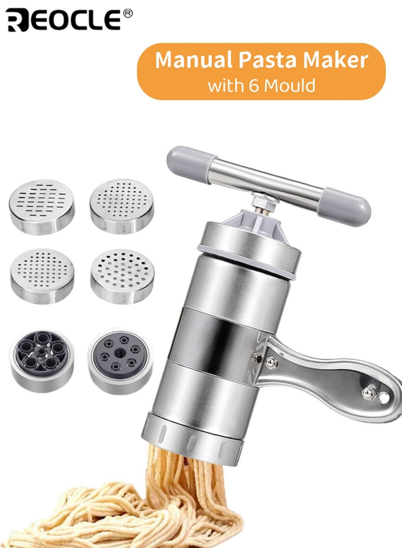 ريوكل صانع المعكرونة مع 6 قوالب يدوية من الفولاذ المقاوم للصدأ آلة المعكرونة أدوات محمولة رامين السباغيتي الصحافة سهلة التنظيف متينة للسفر نزهة التخييم المنزل مثالية للرجال والنساء - Image 1