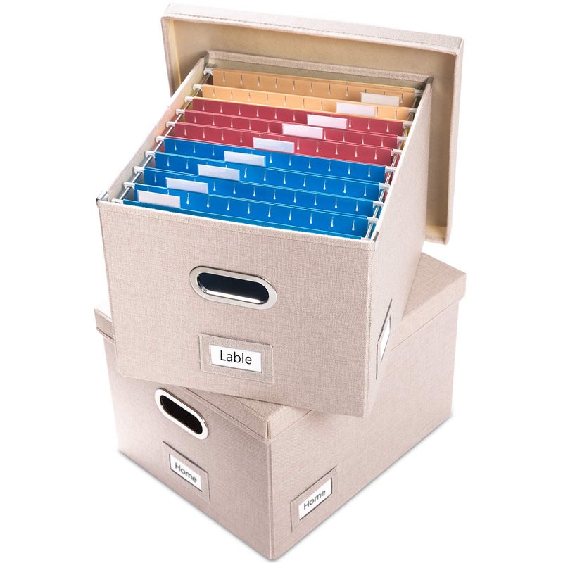PRANDOM File Organizer Box  Set of 2 Collapsible Decorative Linen Filing Storage Hanging File Folders with Lids Office Cabinet LetterLegal Size Light Grey 17x14x112 inch
