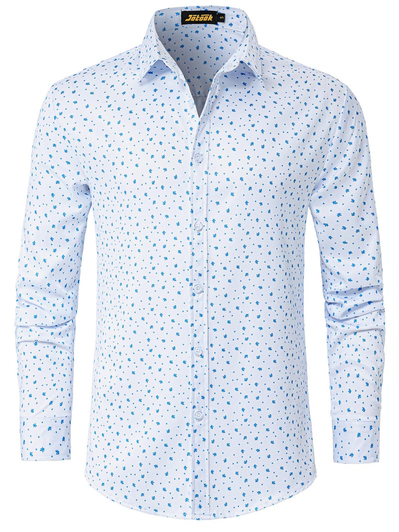 JOTOOK Mens Printed Dress Shirts Long Sleeve Button Down Shirts Stretch Business Casual Shirt Large White Blue Flower - Image 1