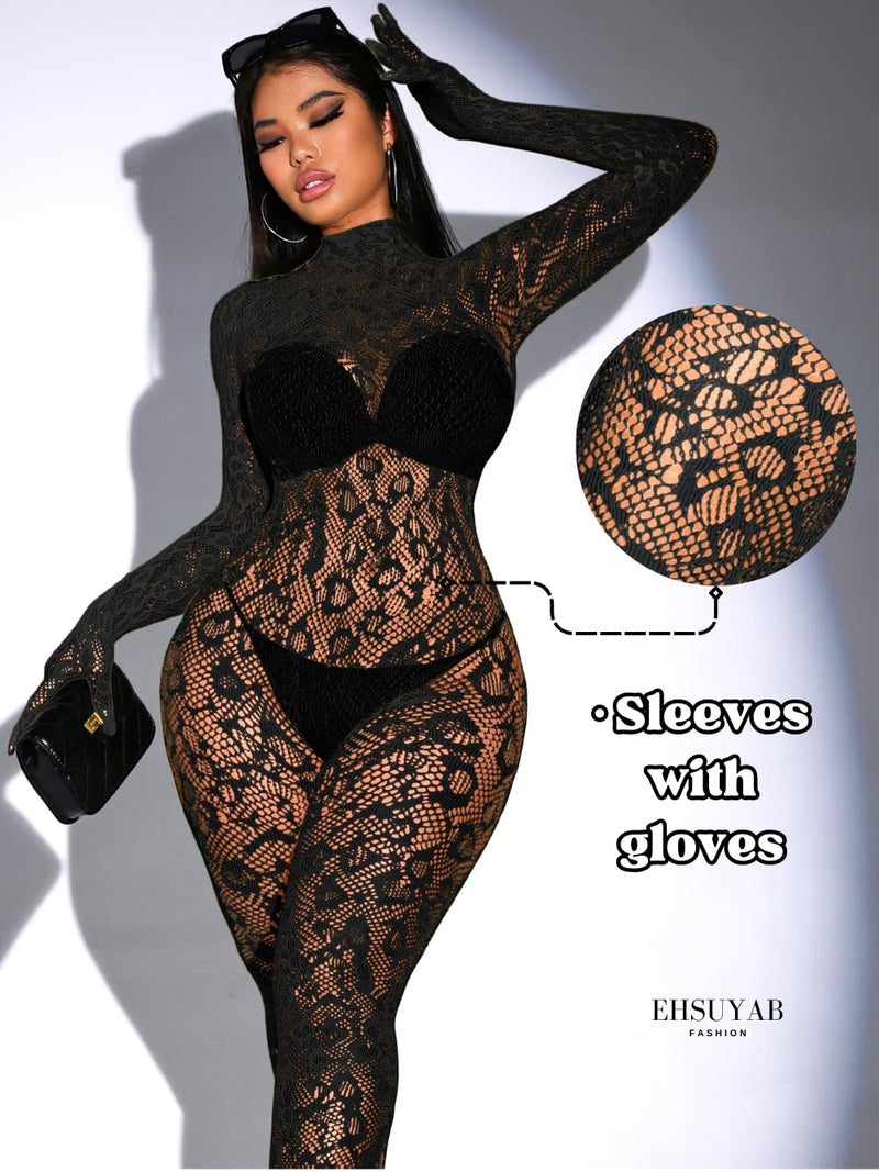 EHSUYAB Sexy Lace Leopard Jumpsuit For Women, Fishnet Bodysuit Glow Party Club, Poster One Piece Mesh Full Body Rave Outfits Black - Image 4