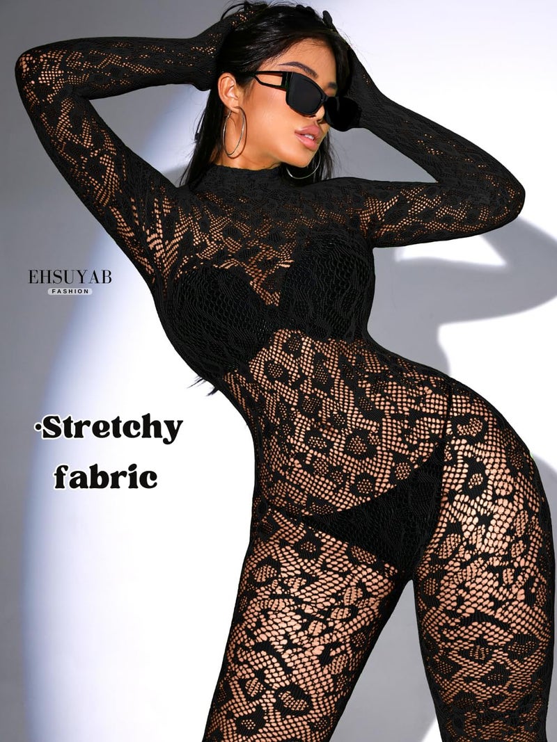 EHSUYAB Sexy Lace Leopard Jumpsuit For Women, Fishnet Bodysuit Glow Party Club, Poster One Piece Mesh Full Body Rave Outfits Black - Image 5
