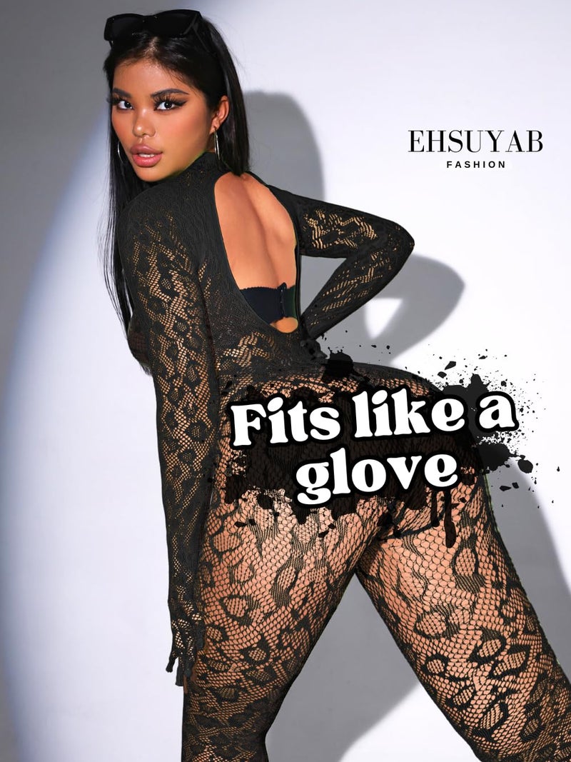EHSUYAB Sexy Lace Leopard Jumpsuit For Women, Fishnet Bodysuit Glow Party Club, Poster One Piece Mesh Full Body Rave Outfits Black - Image 3