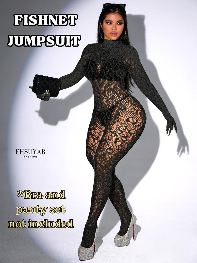 EHSUYAB Sexy Lace Leopard Jumpsuit For Women, Fishnet Bodysuit Glow Party Club, Poster One Piece Mesh Full Body Rave Outfits Black - Image 2