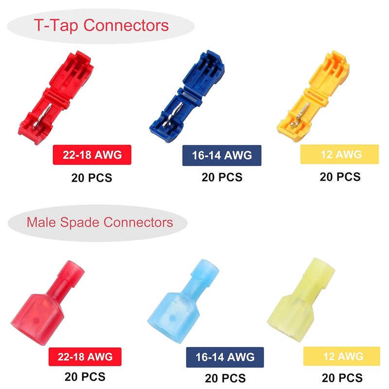Flytuo 120PCS T-Tap Wire Connectors, Self-Stripping Quick Splice Electrical Wire Terminals, Insulated Male Quick Disconnect Spade Terminals Assortment Kit - Image 2