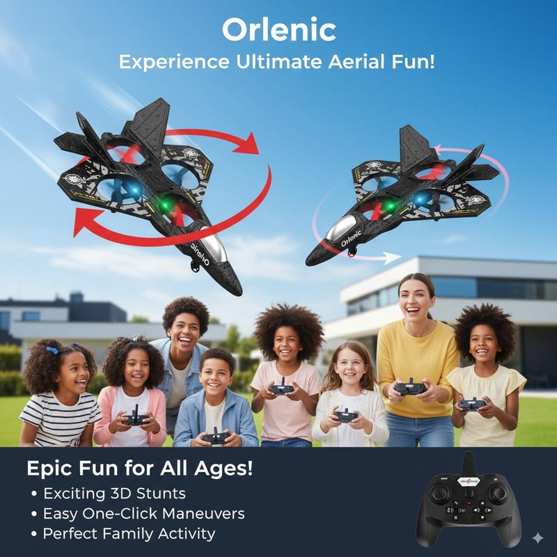 Orlenic RC Plane 2.4GHz Remote Control Airplane with Auto Hovering, Fighter Jet Style RC Aircraft Drone Toy with 3D Flips, Lights, 2 Batteries, RTF Quadcopter for Kids Beginners and Adults - Image 3