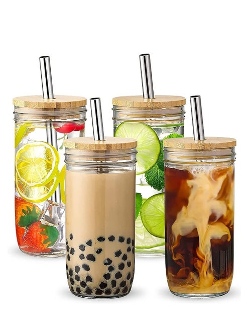 4-Piece Glass Cup Set,24 oz Coffee Mug With Lid And Golden Straw,Iced Coffee Glasses,Cute Tumbler Cup,Ideal For Coffee,Cola,juice,Gift