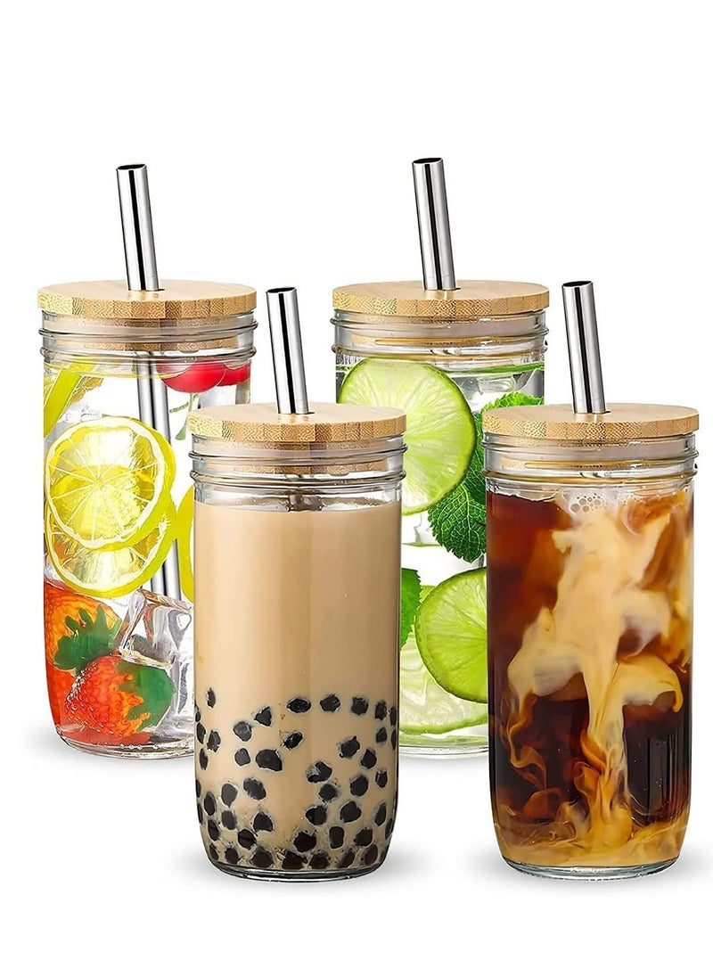 4-Piece Glass Cup Set,24 oz Coffee Mug With Lid And Golden Straw,Iced Coffee Glasses,Cute Tumbler Cup,Ideal For Coffee,Cola,juice,Gift