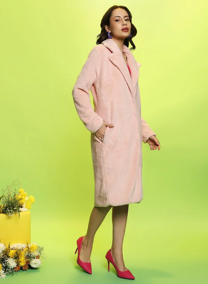 كامبوس سوترا Women's Baby Pink Single-Breasted Fleece Long Coat