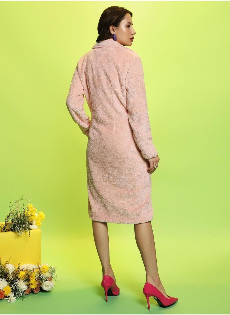 Campus Sutra Women's Baby Pink Single-Breasted Fleece Long Coat  - Image 5