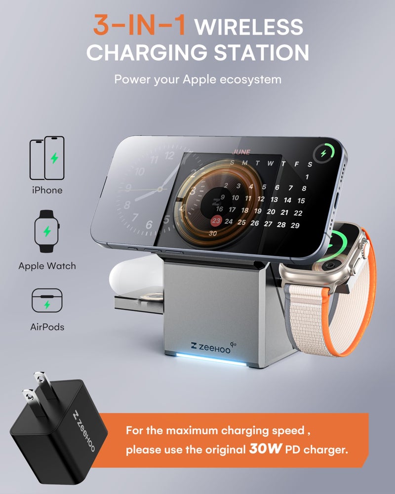 ZEEHOO محطة شحن ZEEHOO 3 في 1 لأجهزة آبل، شاحن Mag-Safe لهاتف آيفون، معتمد Qi2، قاعدة شاحن لاسلكي دوارة لهاتف آيفون 17، 16، 15، 14، 13، 12، ساعة آبل، AirPods (شاحن USB-C متضمن)  - Image 3