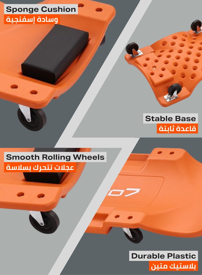 LAWAZIM Pro7 Plastic Creeper - 36" Low Profile Rolling Garage Board with Padded Headrest, Ergonomic Mechanic Creeper with 6 Swivel Casters & Dual Tool Trays for Garage, Workshop and Automotive Repair, Orange - Image 2