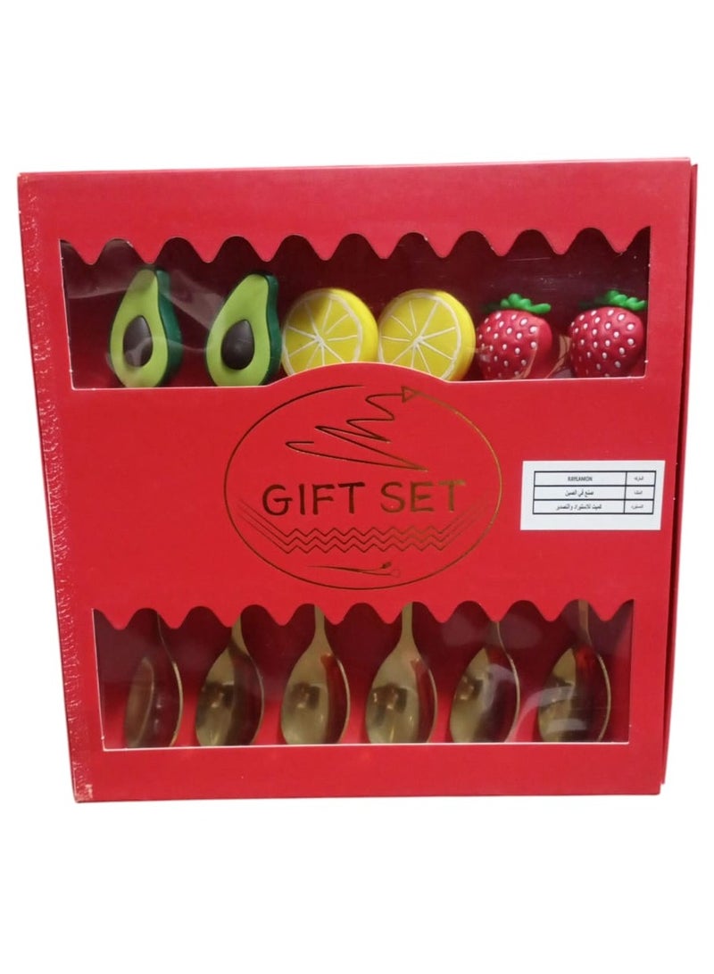 جيفت سيتس فور كيدز مجموعة ملاعق حلوى فواكه وخضراوات لطيفة، 6 قطع ملاعق قهوة وحلوى، ملعقة خلط من الفولاذ المقاوم للصدأ - Image 1