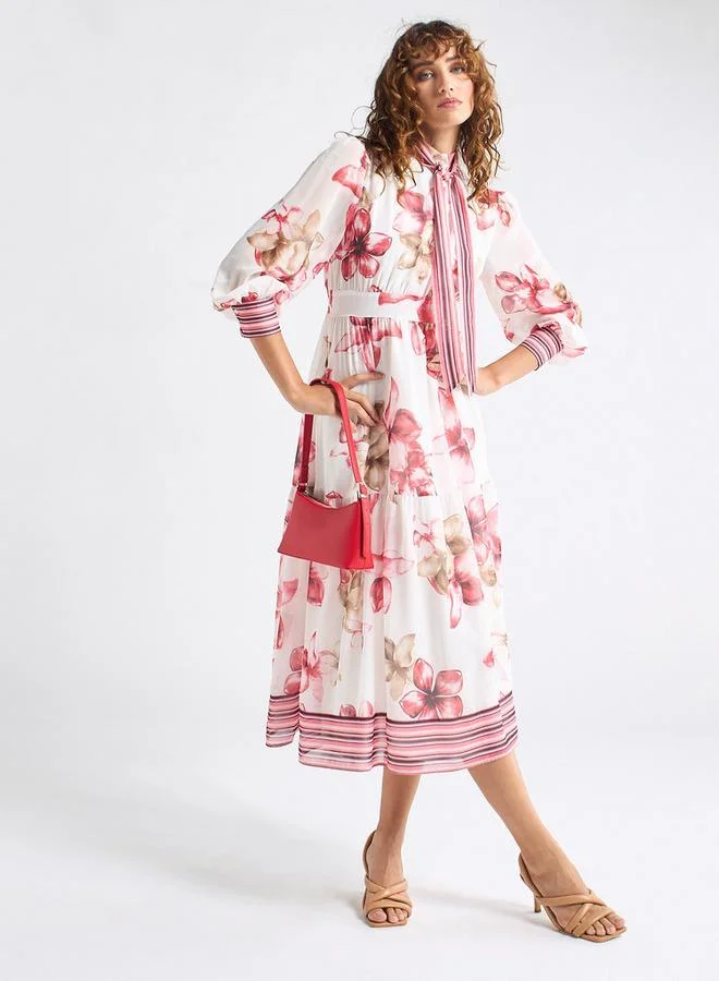 Splash FAV All-Over Floral Print Shirt Dress with Tie-Ups and Long Sleeves
