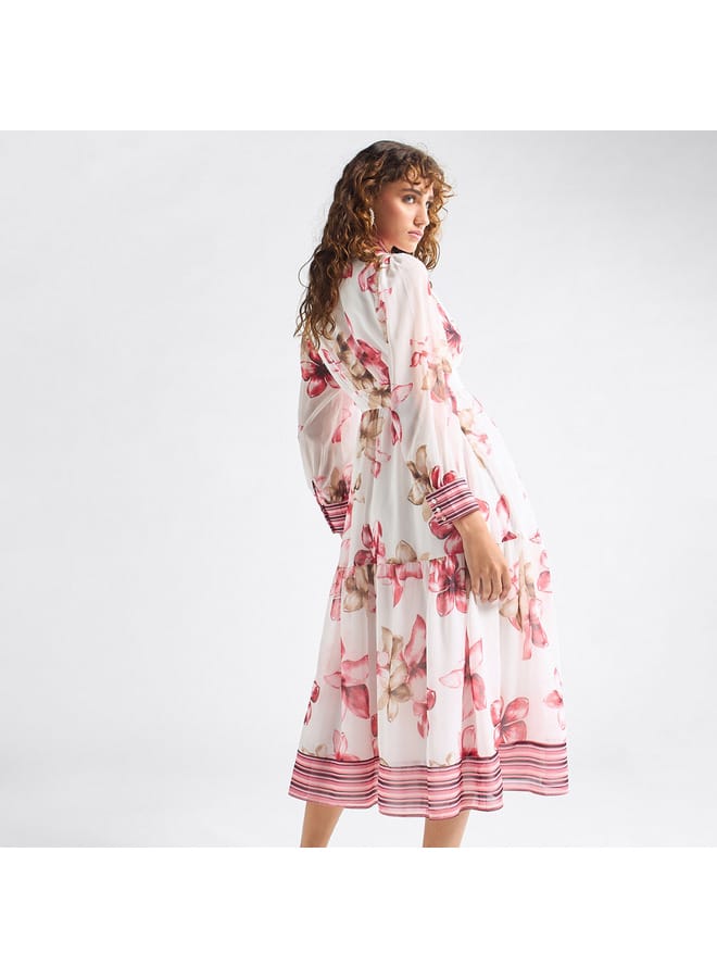 Splash FAV All-Over Floral Print Shirt Dress with Tie-Ups and Long Sleeves  - Image 3