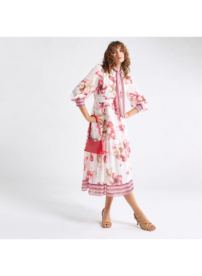 Splash FAV All-Over Floral Print Shirt Dress with Tie-Ups and Long Sleeves  - Image 2
